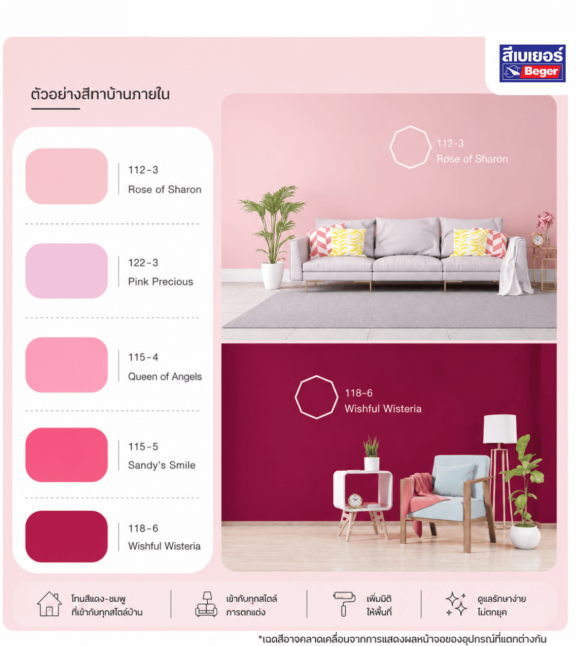 สีบ้านภายใน สีชมพู และสีแดง
